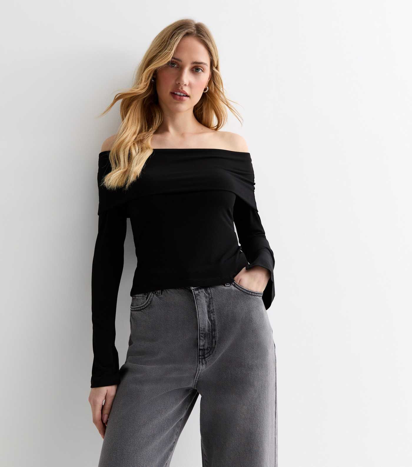 Black Jersey Bardot Long Sleeve Top | New Look | New Look (UK)