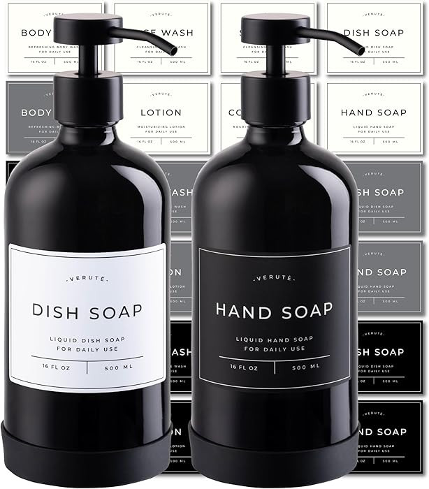 Hand and Dish Soap Dispenser for Kitchen and Bathroom, Set of 2 16 Oz Glass Bottles, Stainless St... | Amazon (US)