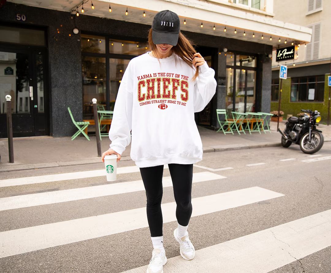 Kc Chiefs Sweatshirt, Karma Is The Guy On The Chiefs Coming Straight Home To Me Tee, Travis Kelce... | Etsy (US)