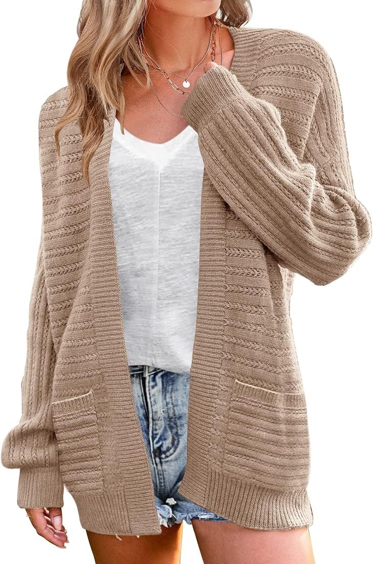 MEROKEETY Women's Puff Long Sleeve Cable Knit Cardigan Sweaters Open Front Outwear with Pockets | Amazon (US)