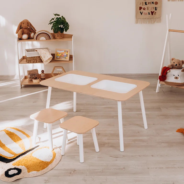 WoodandHearts 3-piece Sorter Table and Stool set for Toddlers, White and Natural wood | Walmart (US)