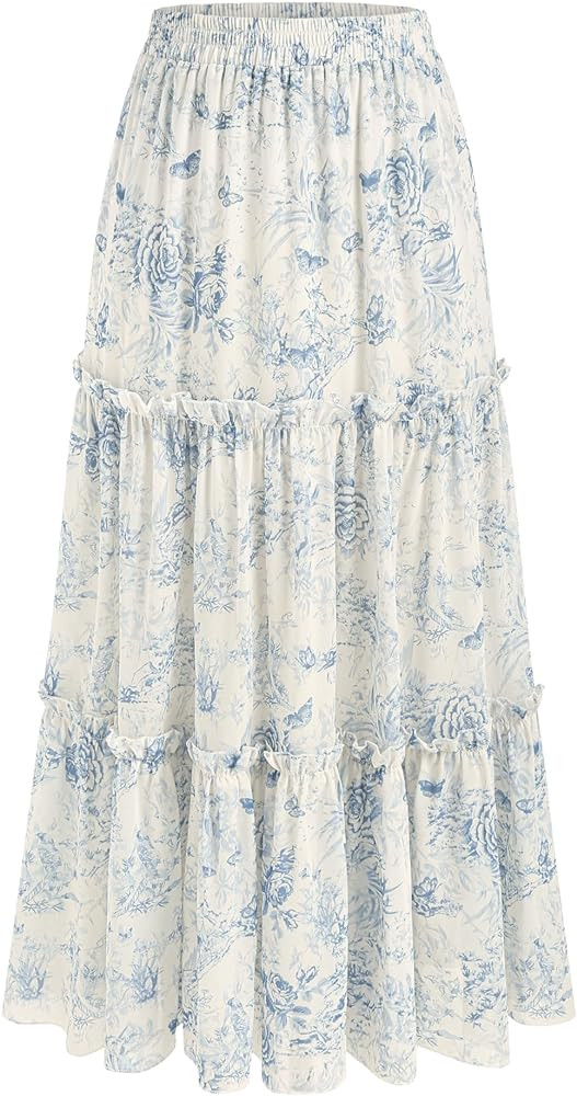 CIDER Santorini Beach Vacation Floral Tiered Ruffle Hem Maxi Skirt | Amazon (US)