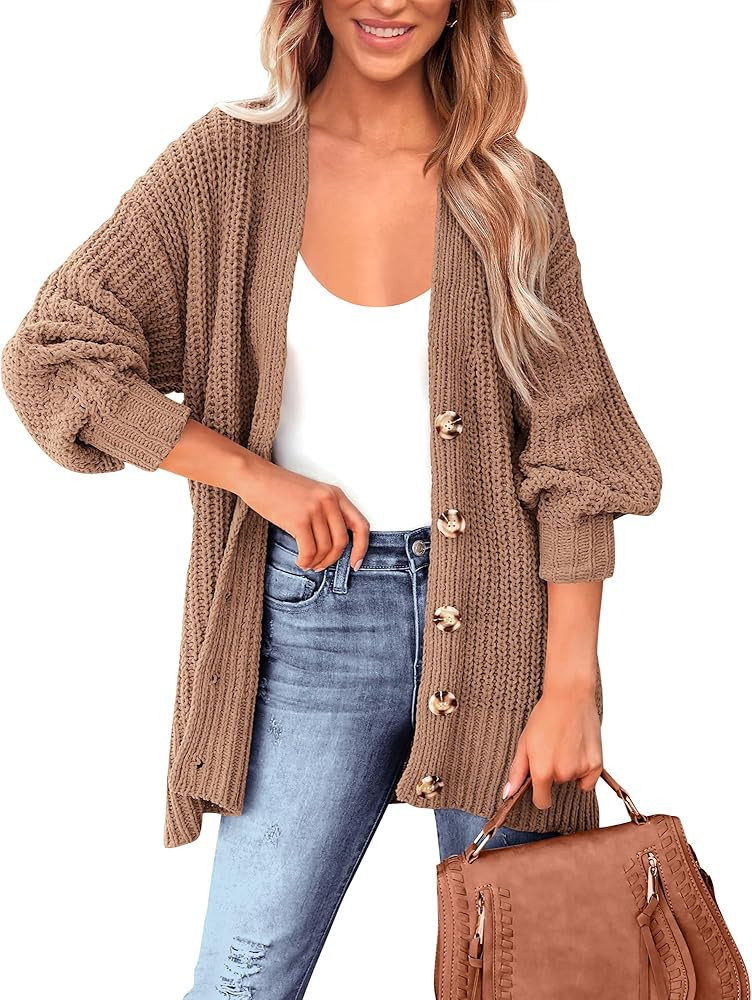BTFBM Women's Button Down Cardigan Coat Long Sleeve Fall Winter Clothes Loose Chunky Knit Open Fr... | Amazon (US)