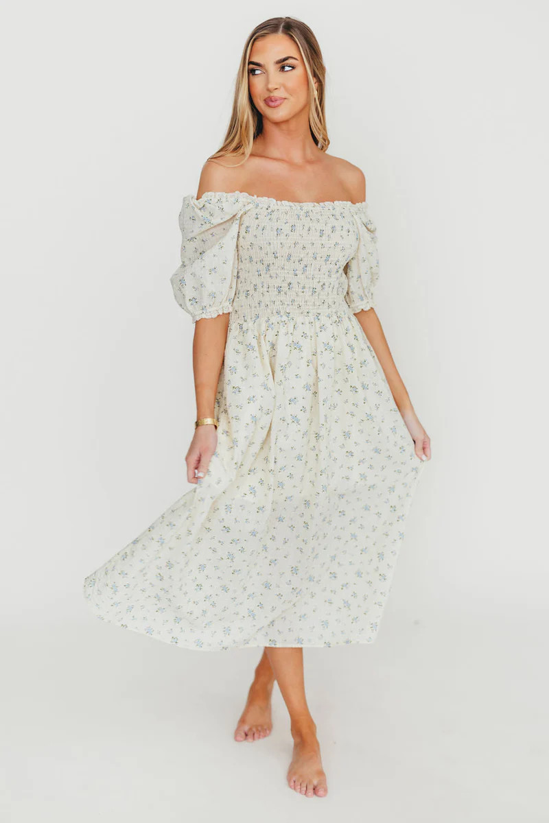 Kinsley Ditsy Floral Smocked Midi Dress in Sky Blue | Worth Collective