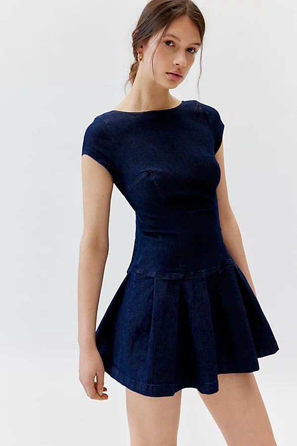 UO Bryan Bow-Back Pleated Denim Mini Dress | Urban Outfitters (US and RoW)