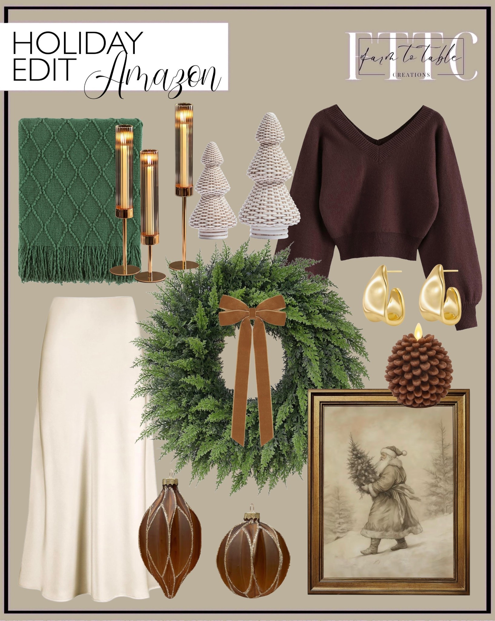 Holiday Edit: Warm Neutrals & Cozy Amazon Finds
Follow @farmtotablecreations on Instagram for more home styling & daily deals.

This Holiday Edit is filled with warm, cozy Amazon finds—from the prettiest cedar wreath with a velvet bow, to woven tabletop trees, ribbed glass candleholders, a rich burgundy sweater, satin ivory skirt, pinecone candles, polished gold earrings, and gorgeous rustic ornaments. Everything blends seamlessly into that warm, modern-organic holiday palette we all love.

#amazonhome #amazonfinds #holidaydecor #christmasdecor #christmasstyle #holidayfashion #cozyhome #homedecor #neutralchristmas #amazonfavorites #holidayinspo #woodsandwhites #livingroomdecor #diningroomdecor #festivedecor #christmasdetails #amazonmusthaves #amazonholiday


#LTKWorkwear #LTKHome #LTKHoliday