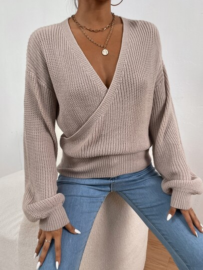 Drop Shoulder Cross Wrap Ribbed Knit Sweater | SHEIN