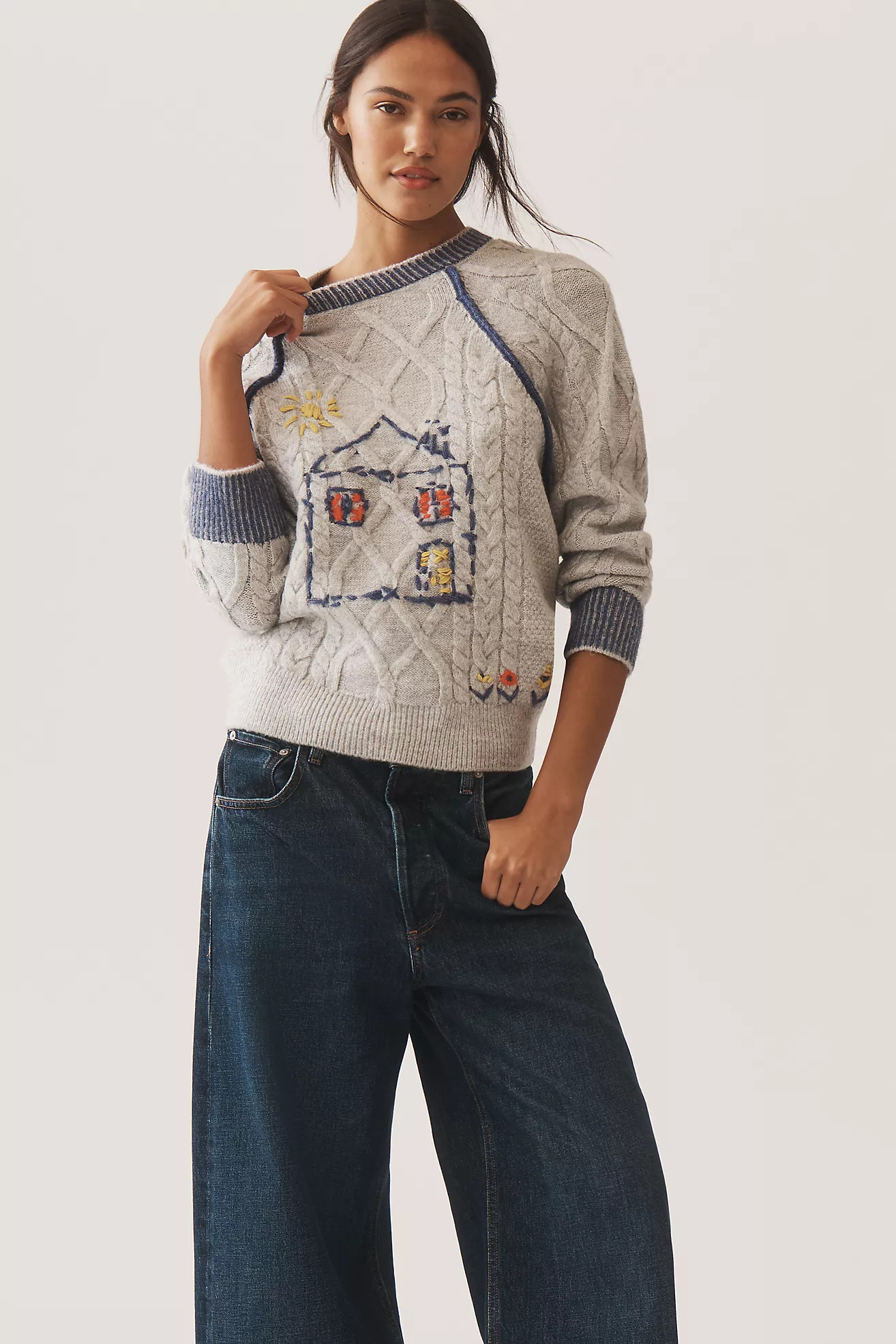 Pilcro Cable-Knit Embroidered Sweater | Anthropologie (US)