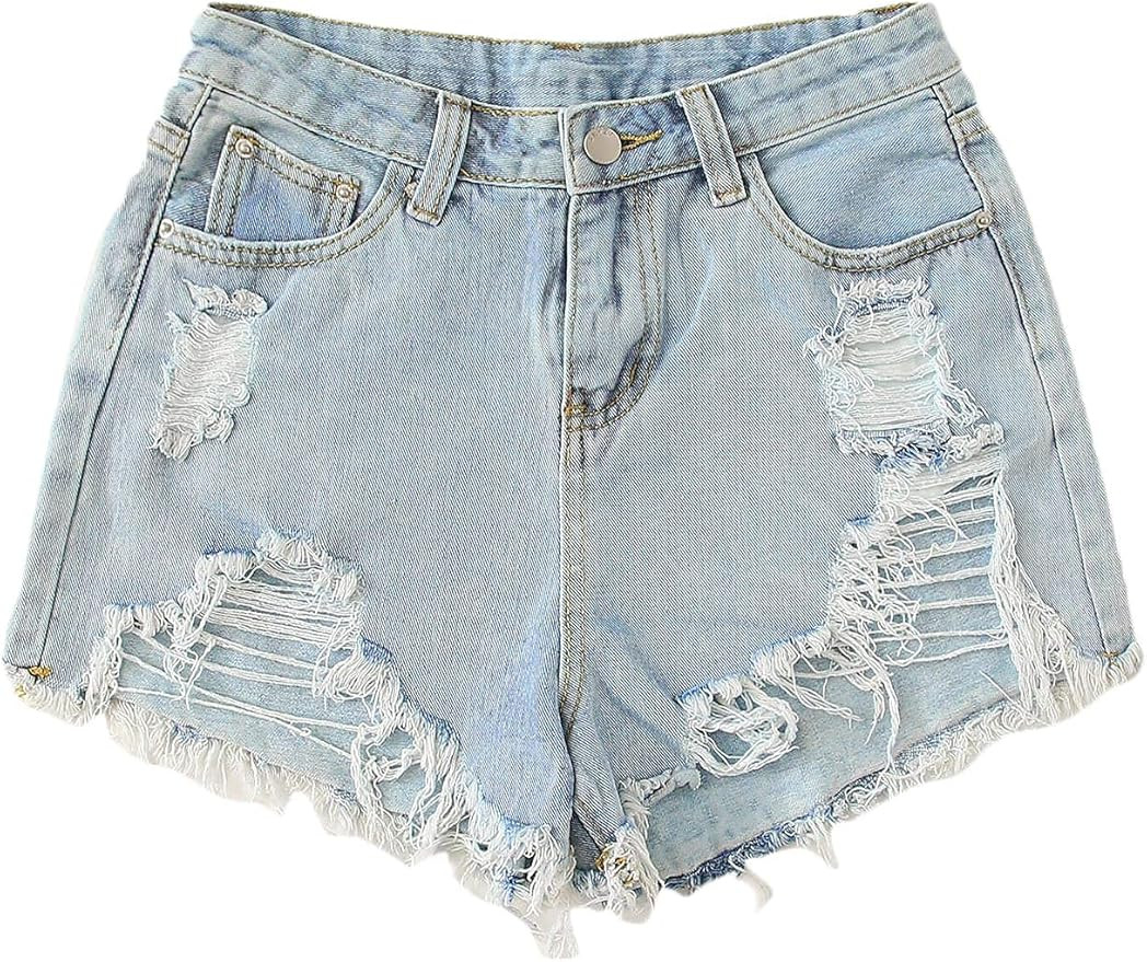 SweatyRocks Women's Summer Denim Shorts Frayed Raw Hem Jeans Shorts | Amazon (US)