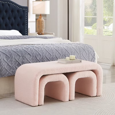 GDFStudio Stacey 44" U-Shaped Teddy Upholstered Wood Stackable Nesting Ottoman Set, Pink | Target