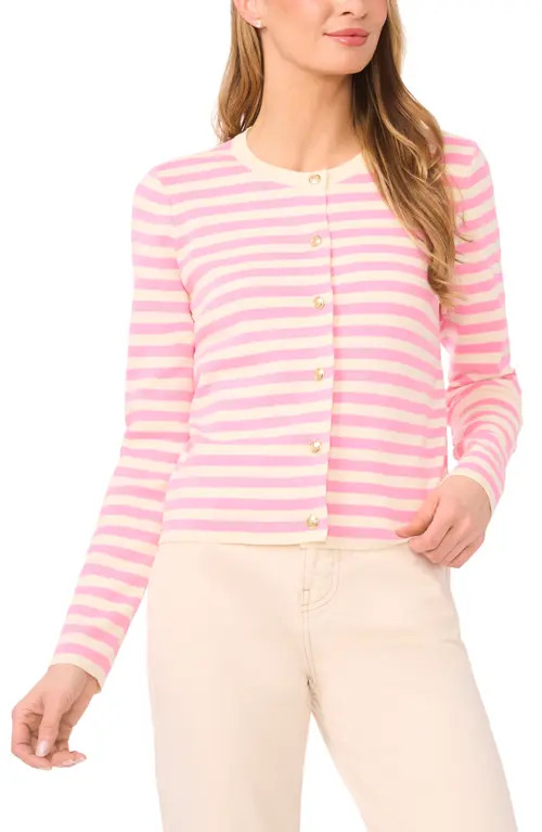 halogen(r) Stripe Crewneck Cardigan in Medium Pink at Nordstrom, Size Large | Nordstrom