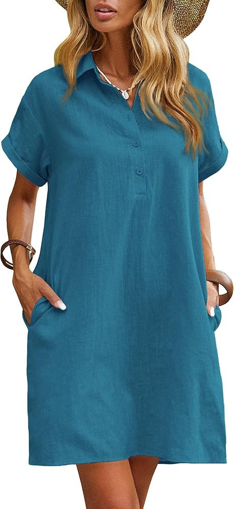 Zeagoo Womens Cotton Shirt Dress Summer Casual Short Sleeve Button Down Beach Cover Up Shirts wit... | Amazon (US)
