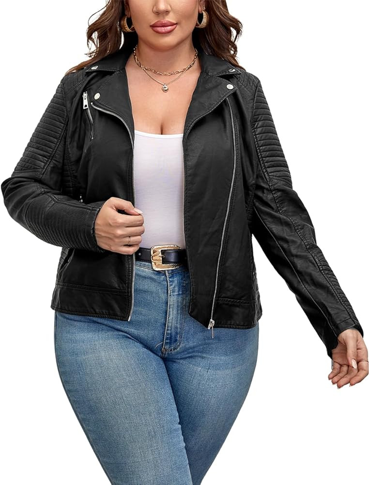 Geschallino Women's Faux Leather Jacket Plus Size Oversized Fall Cropped Moto Biker Coat (1X-5X) | Amazon (US)