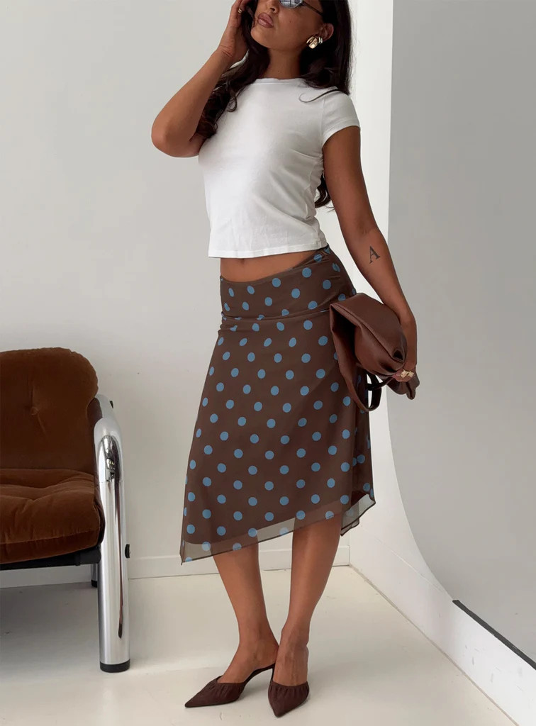 Daphene Asymmetrical Midi Skirt Brown / Blue Polka Dot | Princess Polly AU