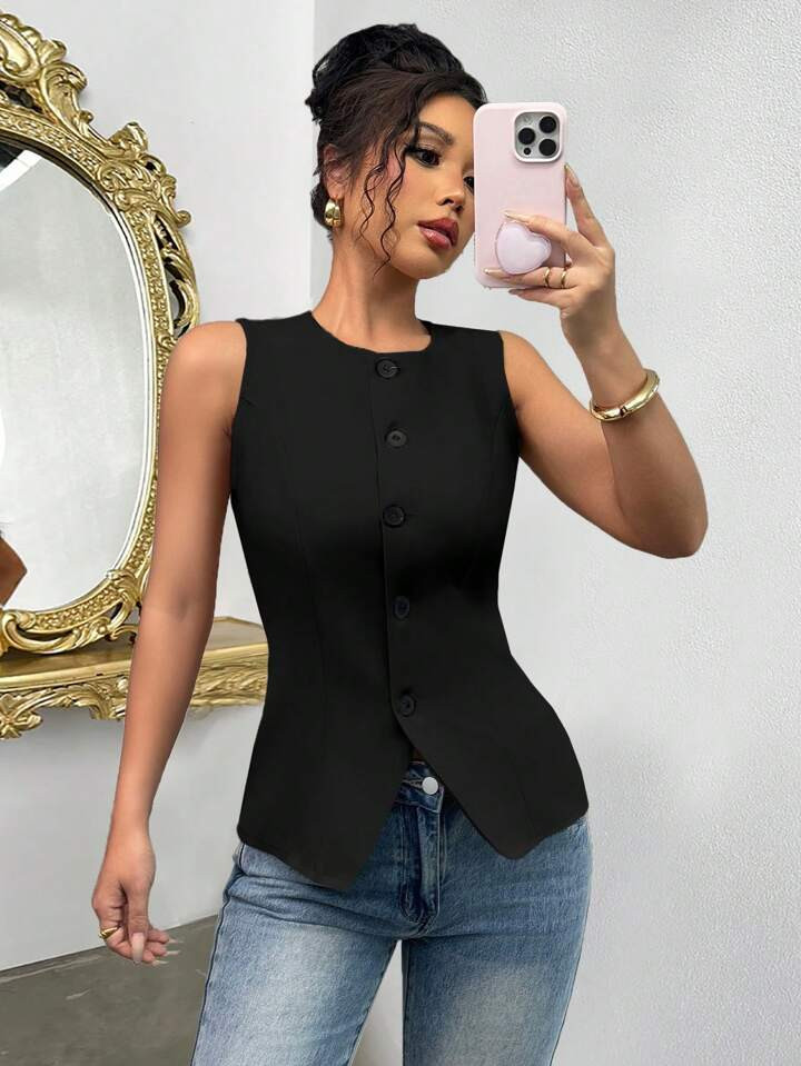 Rafferiza Casual Solid Sleeveless Shirt For Summer Commute | SHEIN