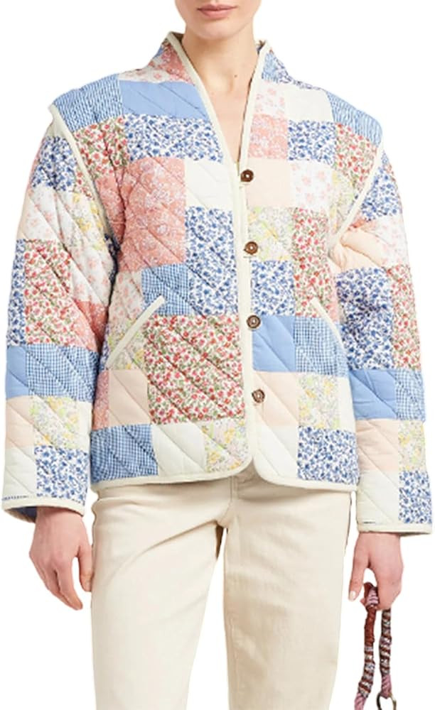 Wyeysyt Women's Cropped Puffer Jacket Lightweight Floral Print Long Sleeve Padded Quilted Puffy C... | Amazon (US)