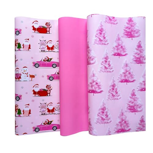 FWYLSY Santa Wrapping Paper -17Inch x 10Feet- 3 Mini Rolls Pink Paper Print With Santa Claus, Christmas Trees, Snowman | Amazon (US)