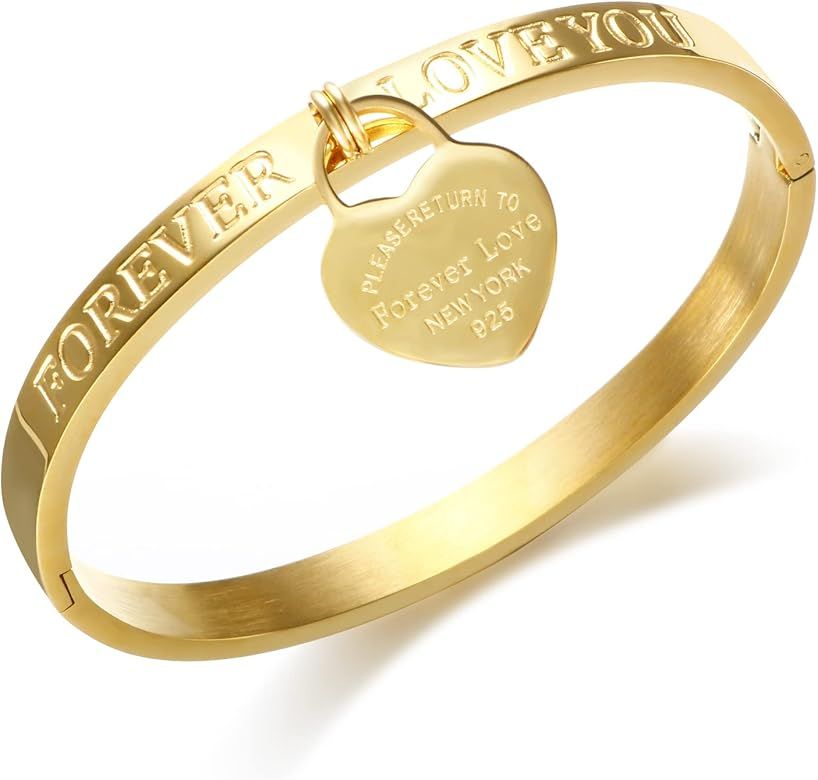 Amazon.com: JINHUI Gold Bangle Bracelets for Women, Forever Love Charm Bangle, Dangle Heart Bangl... | Amazon (US)