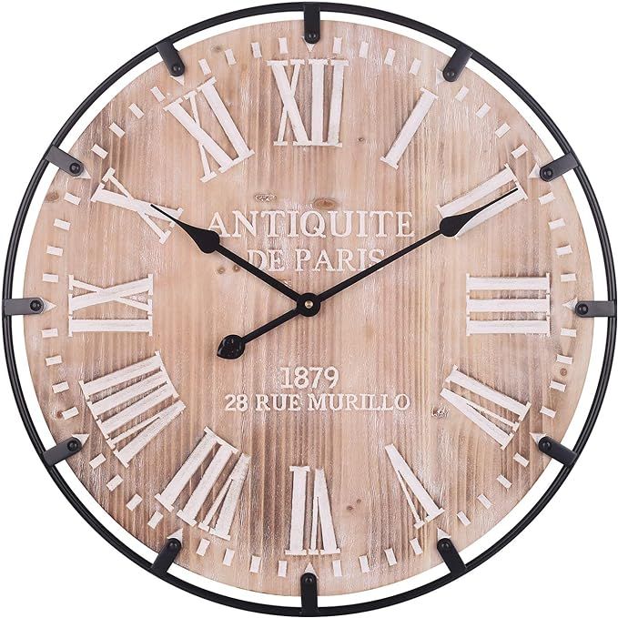 Large Wall Clock, Iron Framed Surround Vintage Decorative Clock Engraved Rustic Roman Numerals & ... | Amazon (US)