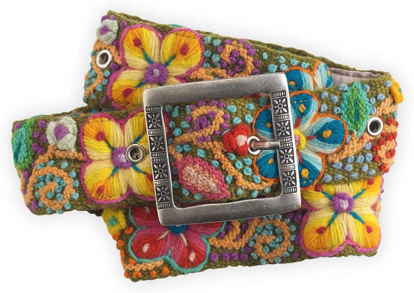 Flora Hand Embroidered Fair Trade Wool Belt (Olive) | Amazon (US)