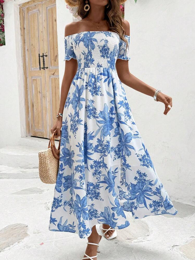 Breezaya Women's Off-Shoulder Short Sleeve Plant Print Dress Maxi Vacation Beach Outfit | SHEIN