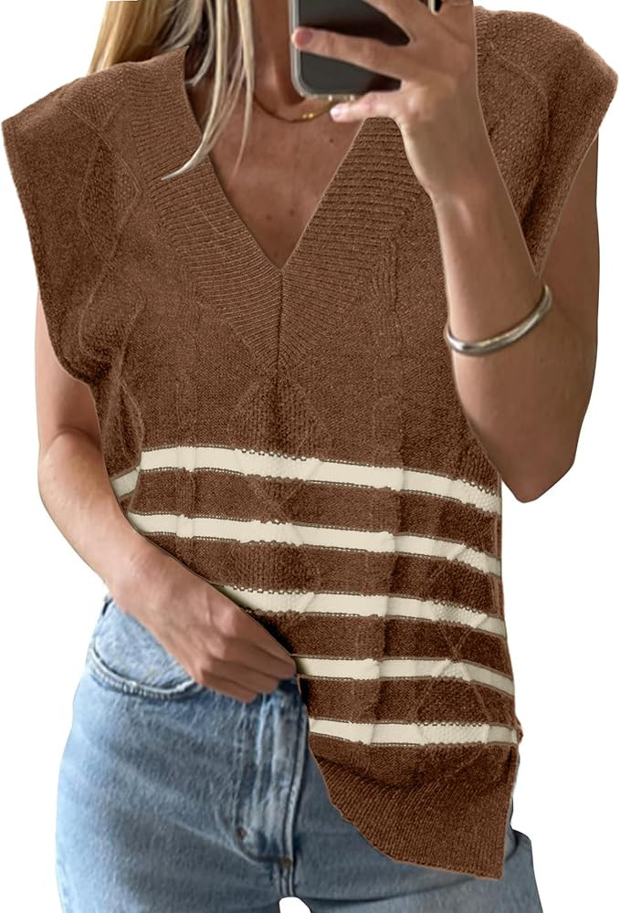 Glamaker Women Striped Sweater Vest Sleeveless V Neck Knit Oversized Casual Cap Sleeve Fall Tops ... | Amazon (US)