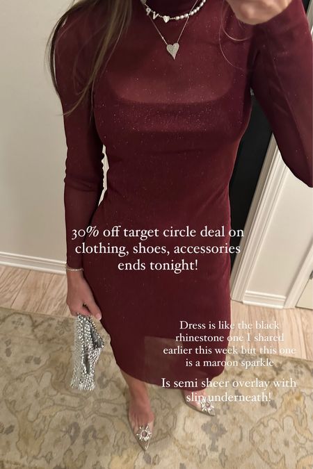 Target 30% clothing shoes accessories target circle deal ends tonight 11/11. So many great holiday dresses like this $30 matron sparkle long sleeve body con dress runs tts. Wearing size xs. Mesh design metallic accents mock turtleneck. Bag is also target and shoes are amazon  

#LTKstyletip #LTKHoliday #LTKsalealert