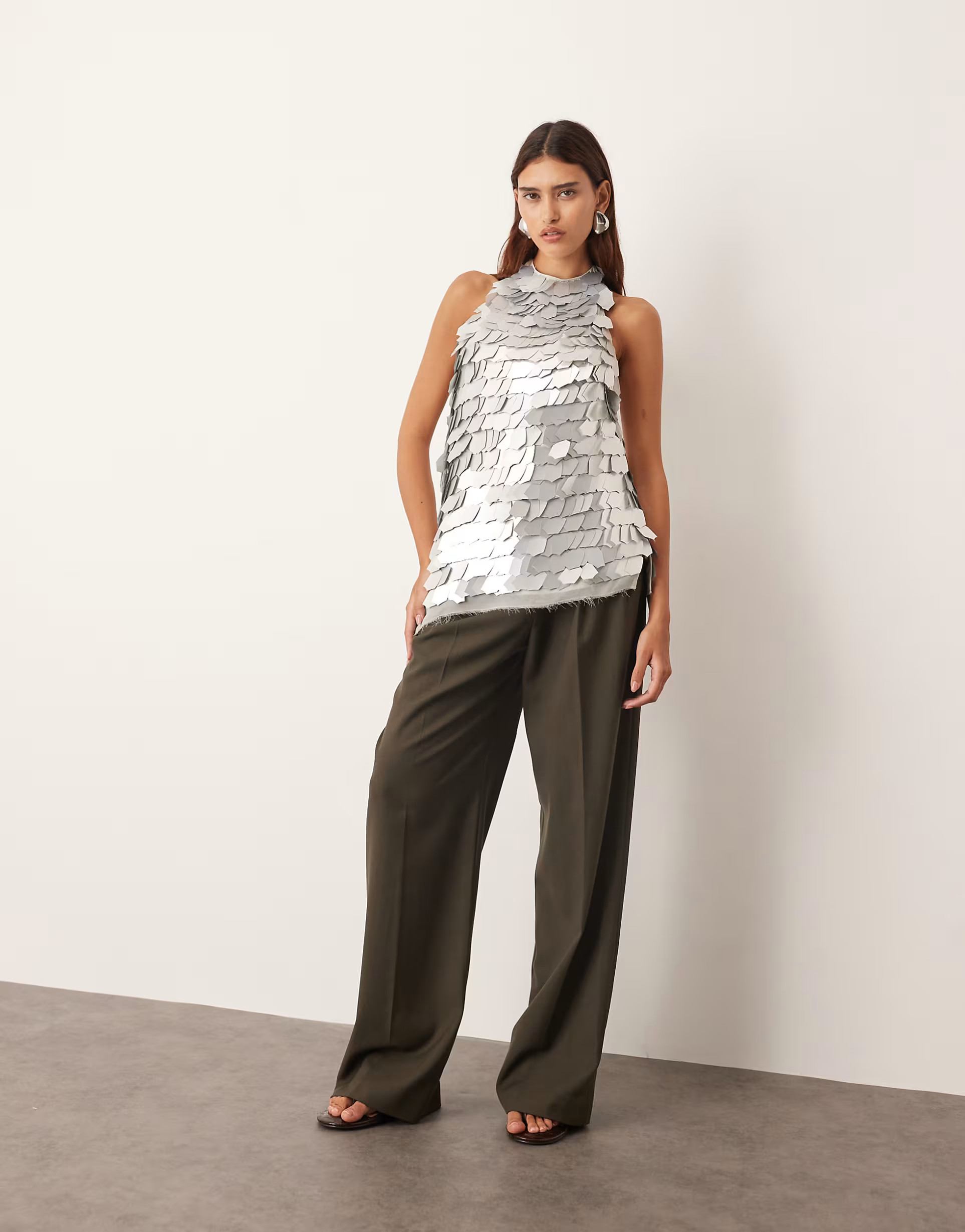 ARRANGE embellished shard sequin longline halter neck top in silver | ASOS (Global)
