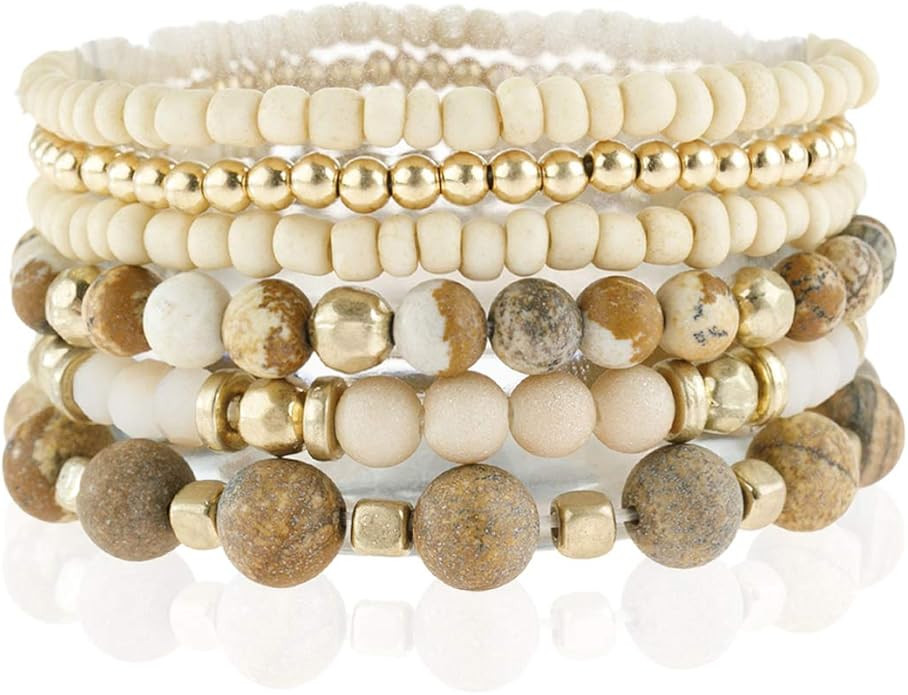 RIAH FASHION Bohemian Beaded Multi Layer Versatile Statement Bracelets - Natural Stone Stackable ... | Amazon (US)