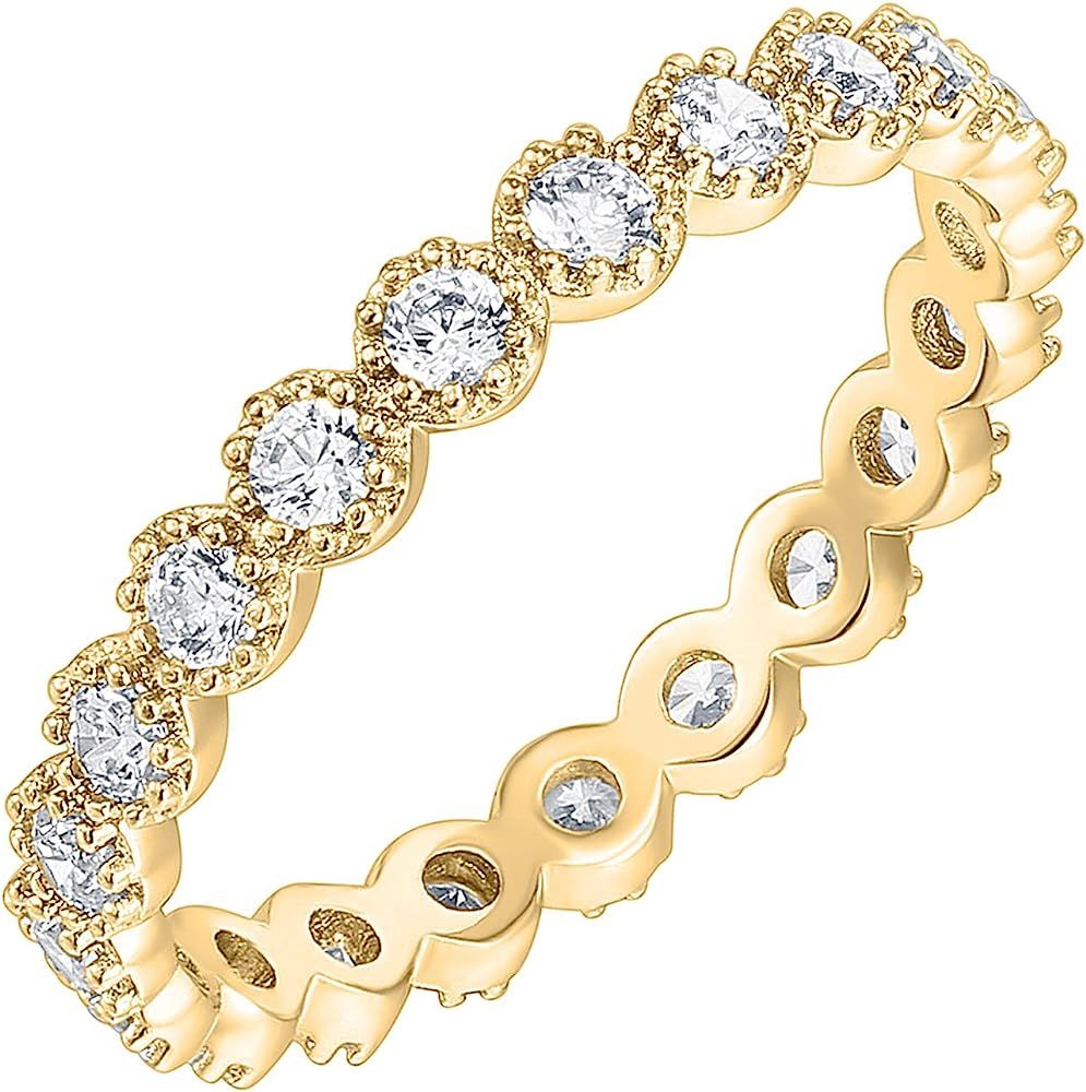 PAVOI 14K Gold Plated Rings Cubic Zirconia Band | Marquise Milgrain Eternity Bands | Gold Rings for  | Amazon (US)