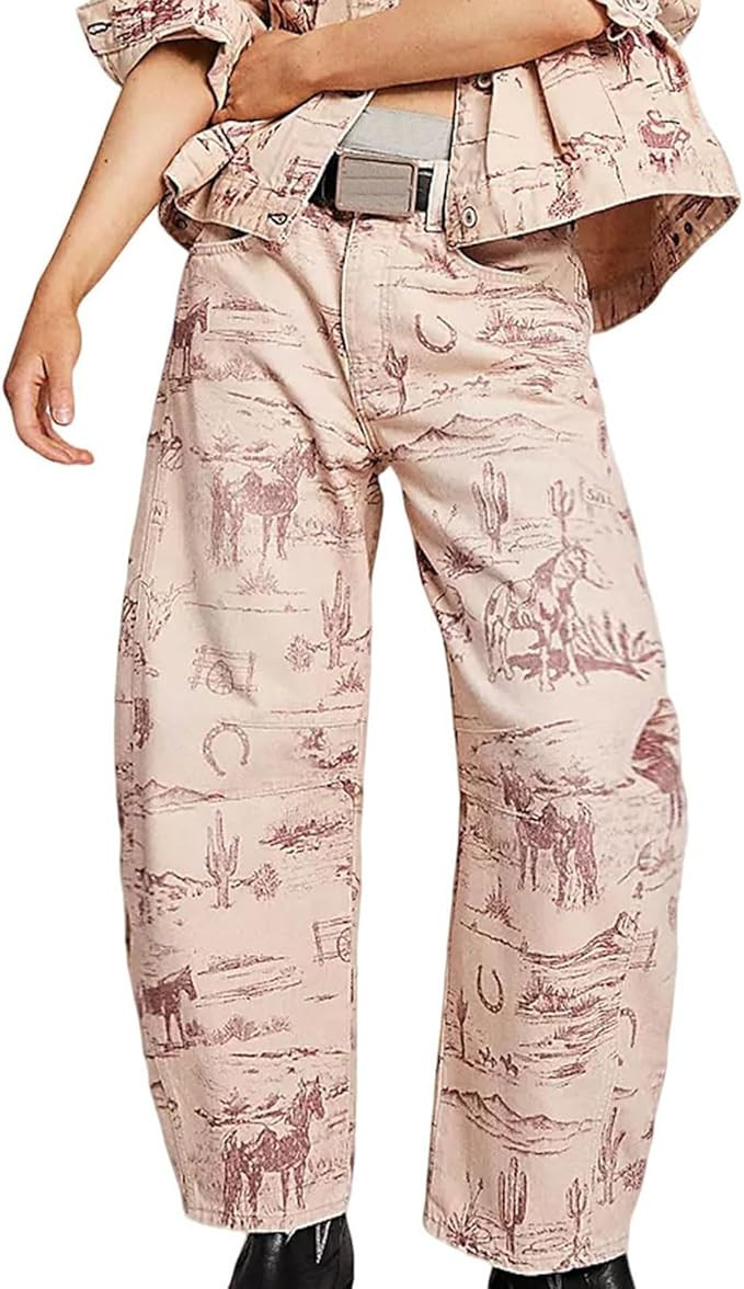 Boyfriend Baggy Barrel Jeans for Women Wide Leg Floral Print Denim Ankle Pants Mid Rise Y2K Patch... | Amazon (US)