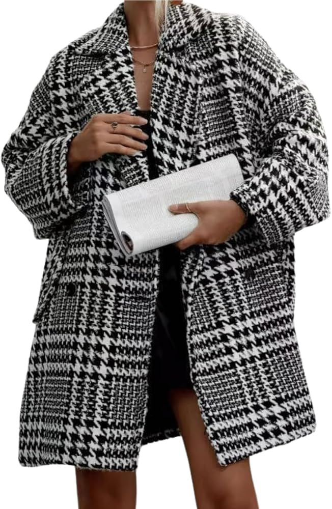chouyatou Women Winter Houndstooth Wool Blend Coat Notch Lapel Loose Warm Mid Long Double Breaste... | Amazon (US)