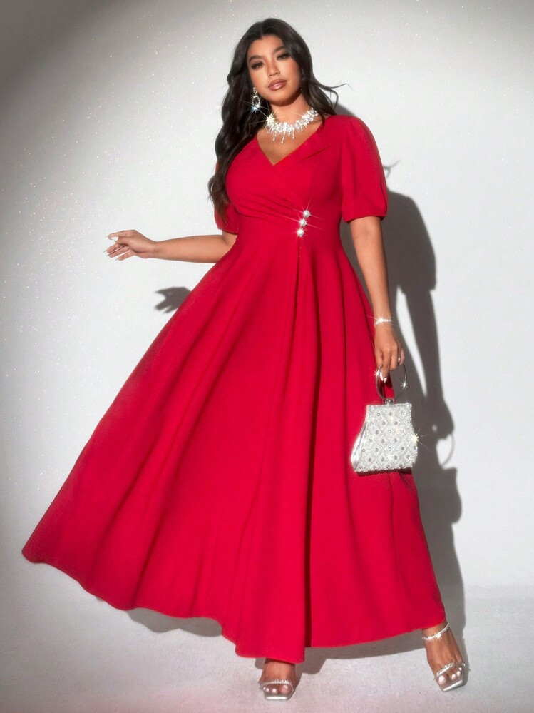 Viva Relle Plus Size Women's Elegant Luxury High-End Party V-Neck Puff Sleeve Diamond Button Decor Red Dress, Spring/Autumn | SHEIN