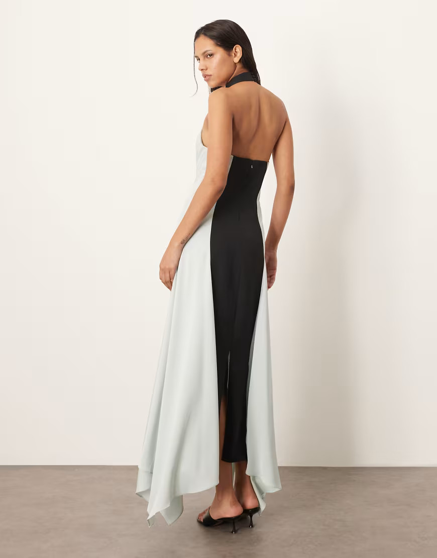 ARRANGE satin contrast back halter square cut maxi dress in ice blue and black | ASOS (Global)