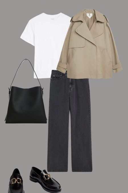 Grey wide jeans with the perfect shirt trench at Arket. A simple white tee and classic chunky loafers with a top handle bag. 