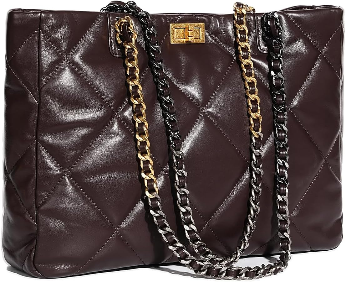 OMELUMO Luxury Soft Lambskin Quilted Shoulder Bag with Black & Gold Mixed Chain Strap for Women | Amazon (US)