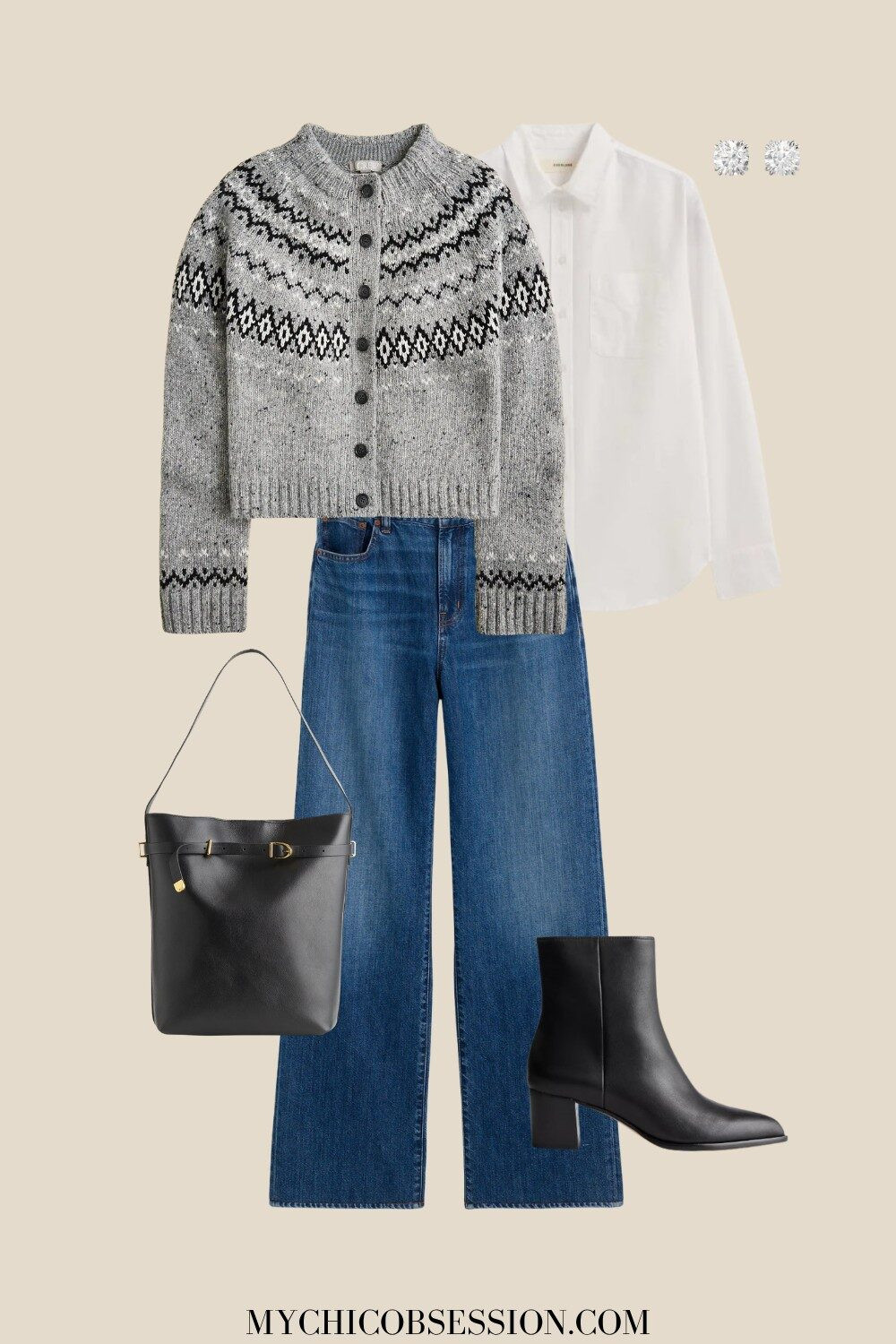 Style a casual chic look with a Fair Isle cardigan. Layer it over a white button-down and wide-leg jeans, paired with ankle boots, a tote bag, and crystal stud earrings. 

 #LTKSeasonal