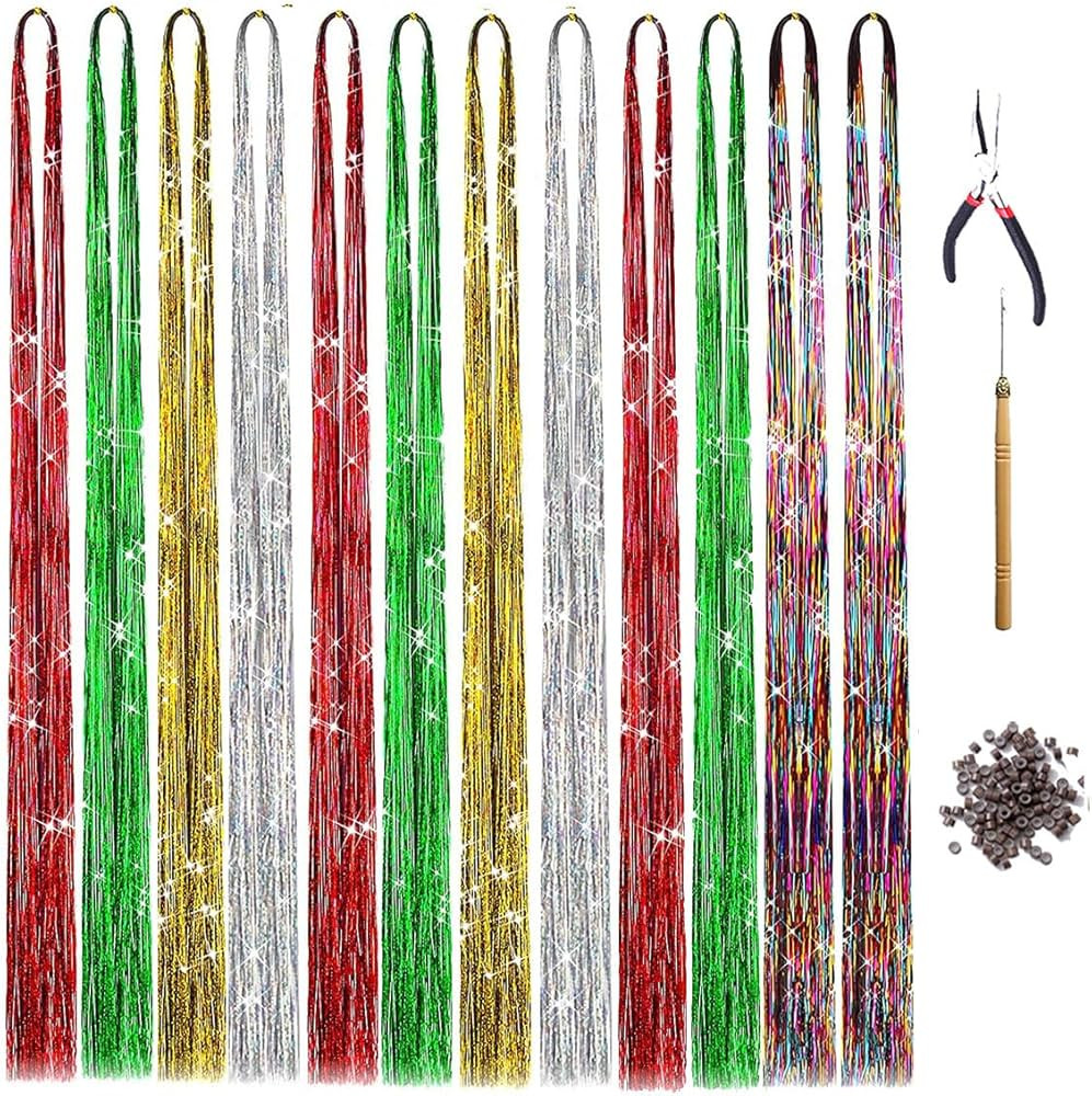 Christmas Hair Tinsel Kit Heat Resistant, GlitterHair Extensions Kits with Tools Beads and Red Gr... | Amazon (US)