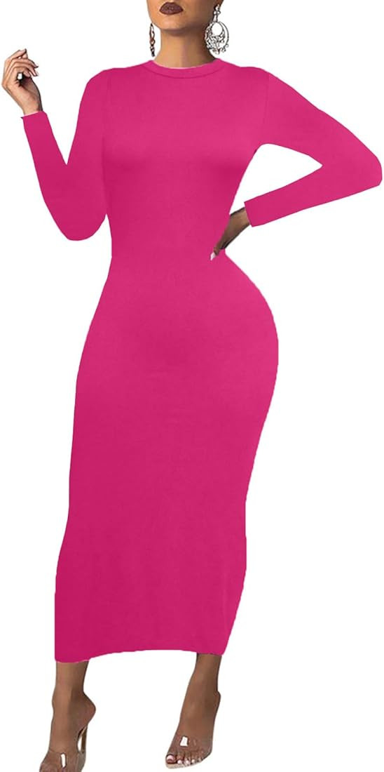 Women's Long Sleeve Bodycon Dress - Maxi Casual Fall Club Party Long Tight Pencil Dresses | Amazon (US)