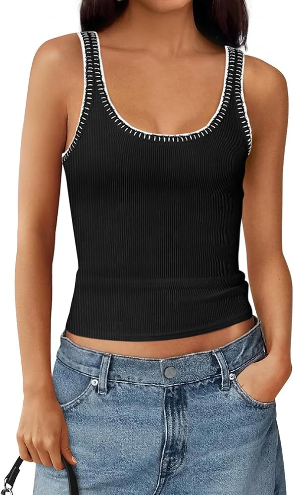 BTFBM Sleeveless Tops for Women 2026 Summer Scoop Neck Tank Stitch Ribbed Knit Sweater Vest Casua... | Amazon (US)