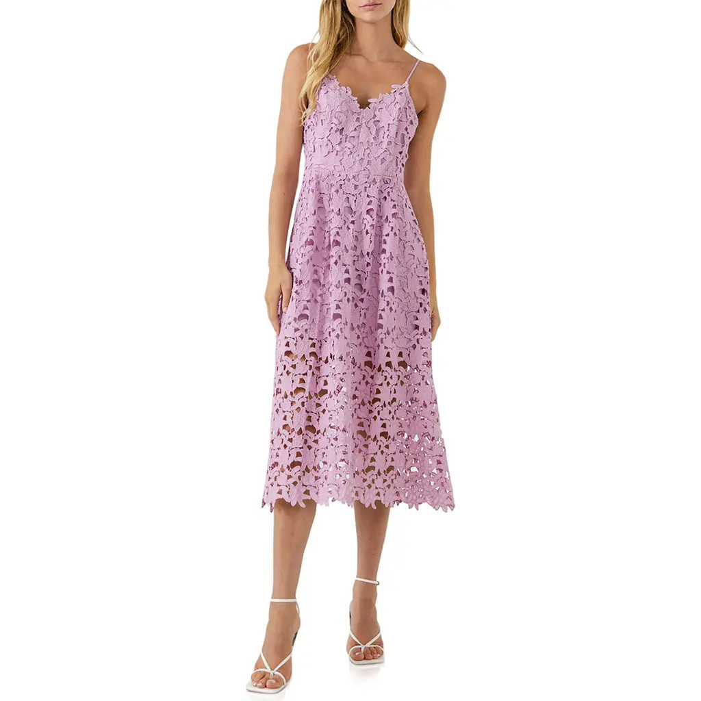 Endless Rose Lace Spaghetti Strap Midi Dress in Lilac at Nordstrom, Size X-Small | Nordstrom