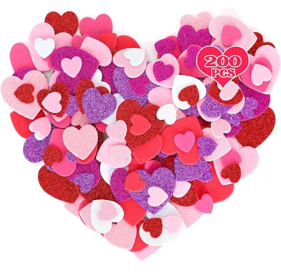200 PCS Valentines Stickers, Self-Adhesive Foam Heart Stickers Valentines Decor, 3 Sizes Glitter ... | Amazon (US)