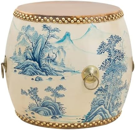 Chinese-Style Drum Stool, Glazed Hand-Painted, White, Wood/Leather, Decorative Garden Stool, Indo... | Amazon (US)
