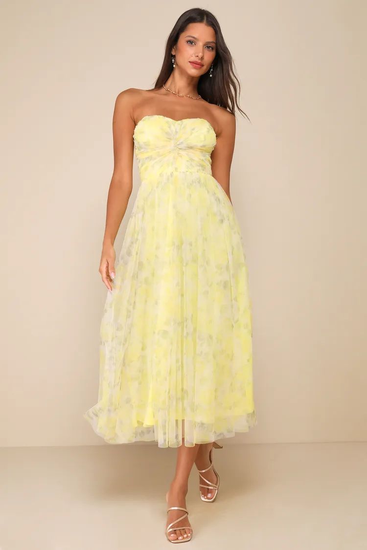 Perfect Whimsy Yellow Floral Mesh Strapless Midi Dress | Lulus