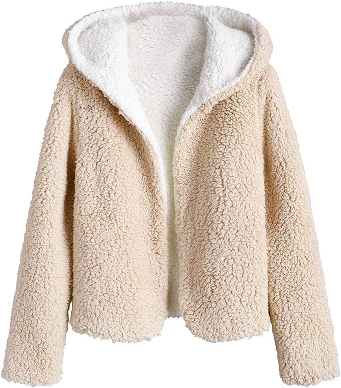 ZAFUL Women's Short Teddy Coat Fuzzy Fleece Reversible Open Front Hooded Outwear Jacket | Amazon (US)