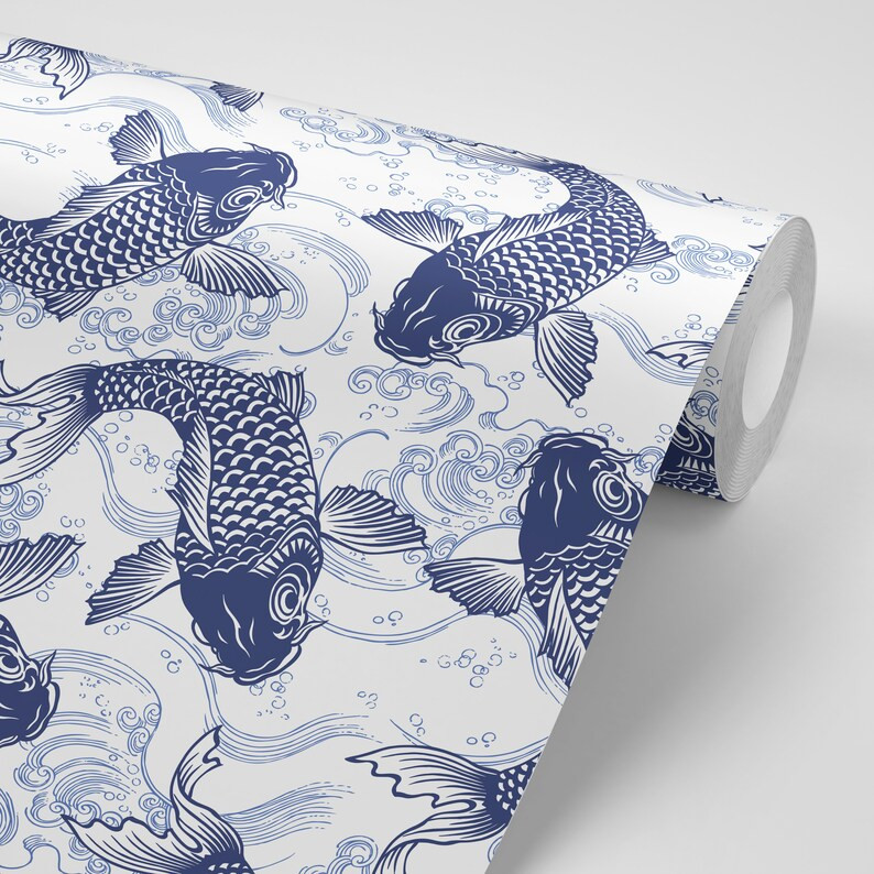 Blue Koi Fish Wallpaper Peel and Stick - Etsy | Etsy (US)