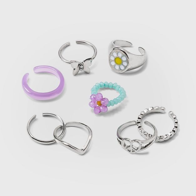 Girls' 8pk Butterfly & Daisy Ring Set - art class™ Silver | Target