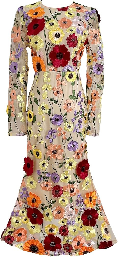 LAI MENG FIVE CATS Women's 3D Floral Long Sleeves Crew Neck Fishtail Mesh Embroidery Bodycon Maxi... | Amazon (US)