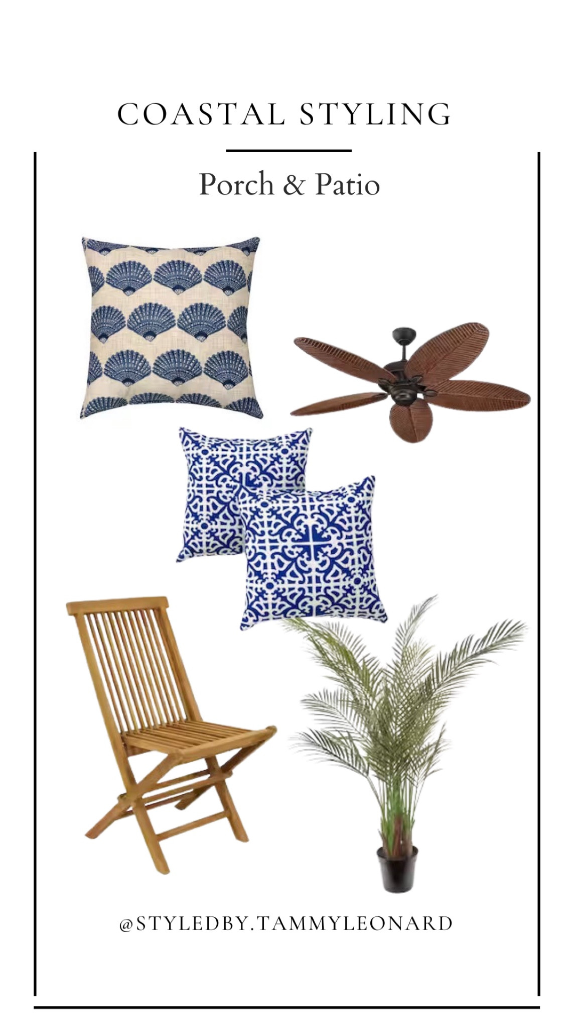 Styledby.tammyleonard signature coastal design board for the front porch. Use this soothing coastal palette and palm leaf textures to create a relaxing and inviting front porch space for summer. Blue and white pillows, wicker bamboo folding chair, and faux palm tree plant. 

#LTKhome #LTKSeasonal #LTKstyletip