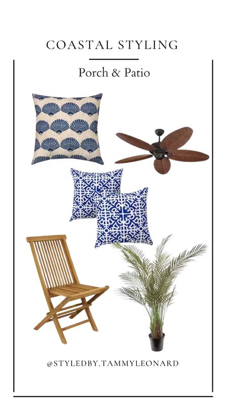 Styledby.tammyleonard signature coastal design board for the front porch. Use this soothing coastal palette and palm leaf textures to create a relaxing and inviting front porch space for summer. Blue and white pillows, wicker bamboo folding chair, and faux palm tree plant. 

#LTKhome #LTKSeasonal #LTKstyletip